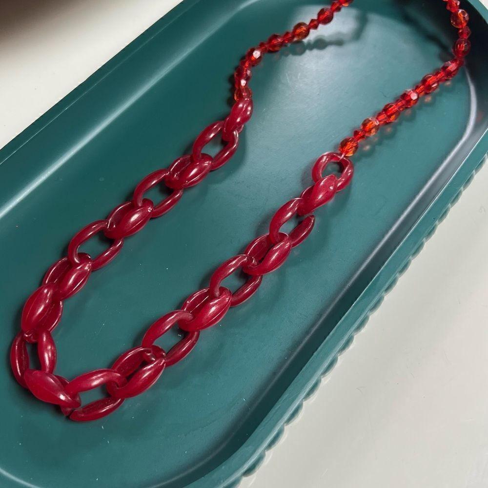 Groovy Vintage 1970s Handmade Red See Through Celluloid Chain Link Necklace